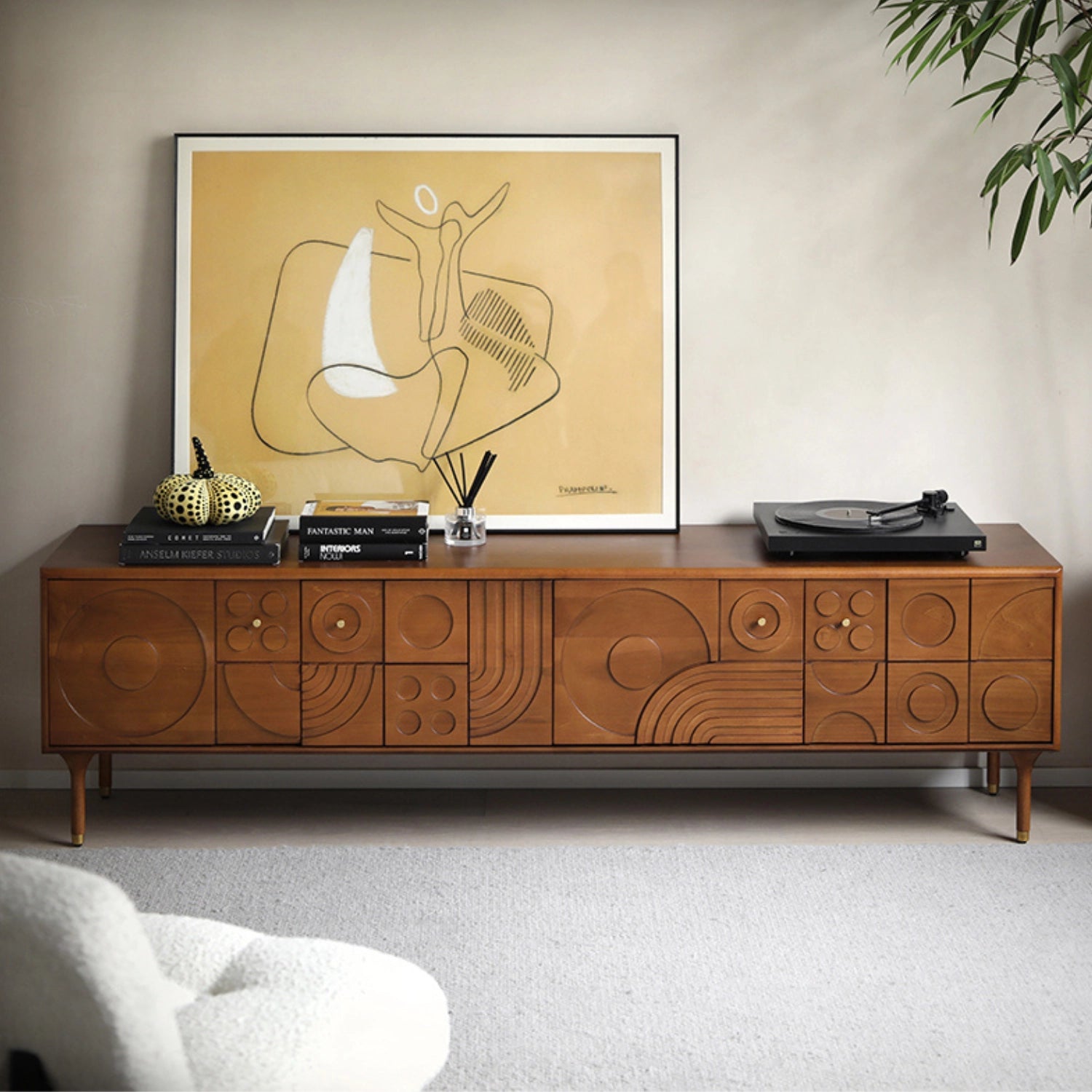 Mid-century Solid Wood TV Stand with 4 Carved Doors and Shelves