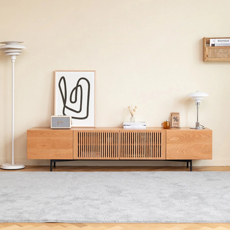 Minimalist Cherry Wood TV Stand with Slatted Cabinet and Doors