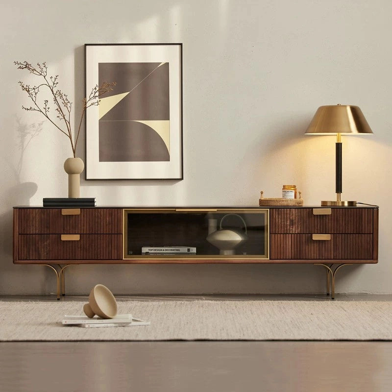 Modern Walnut TV Stand with Glass Door. Storage Drawers. and Stainless Steel Legs