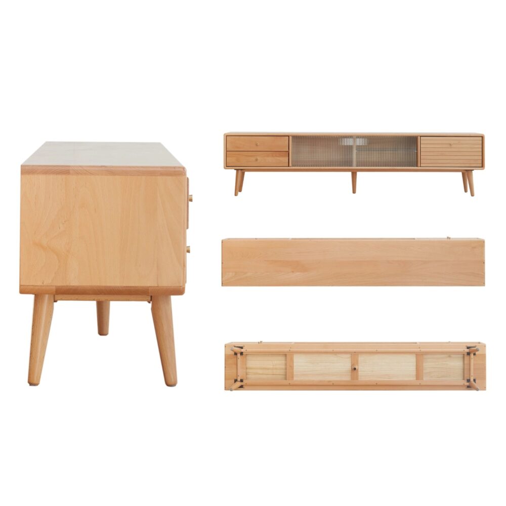 Natural Rectangular Wood TV Stand with 3 Storage Drawers & Glass Doors