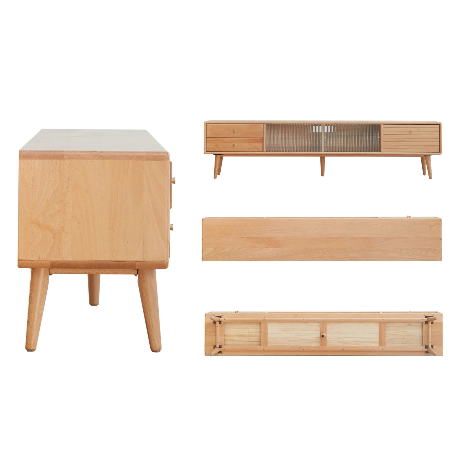 Natural Rectangular Wood TV Stand with 3 Storage Drawers & Glass Doors