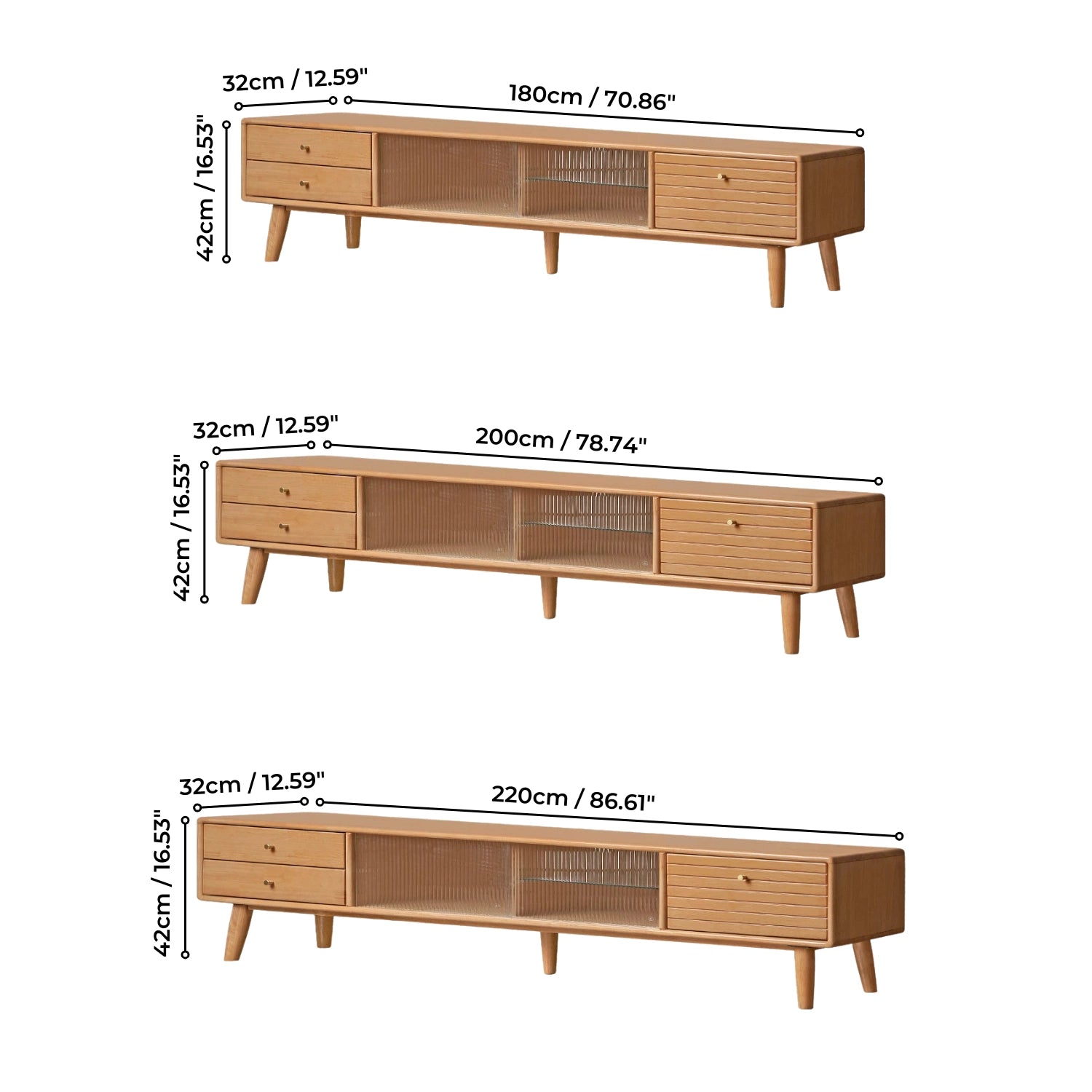 Natural Rectangular Wood TV Stand with 3 Storage Drawers & Glass Doors