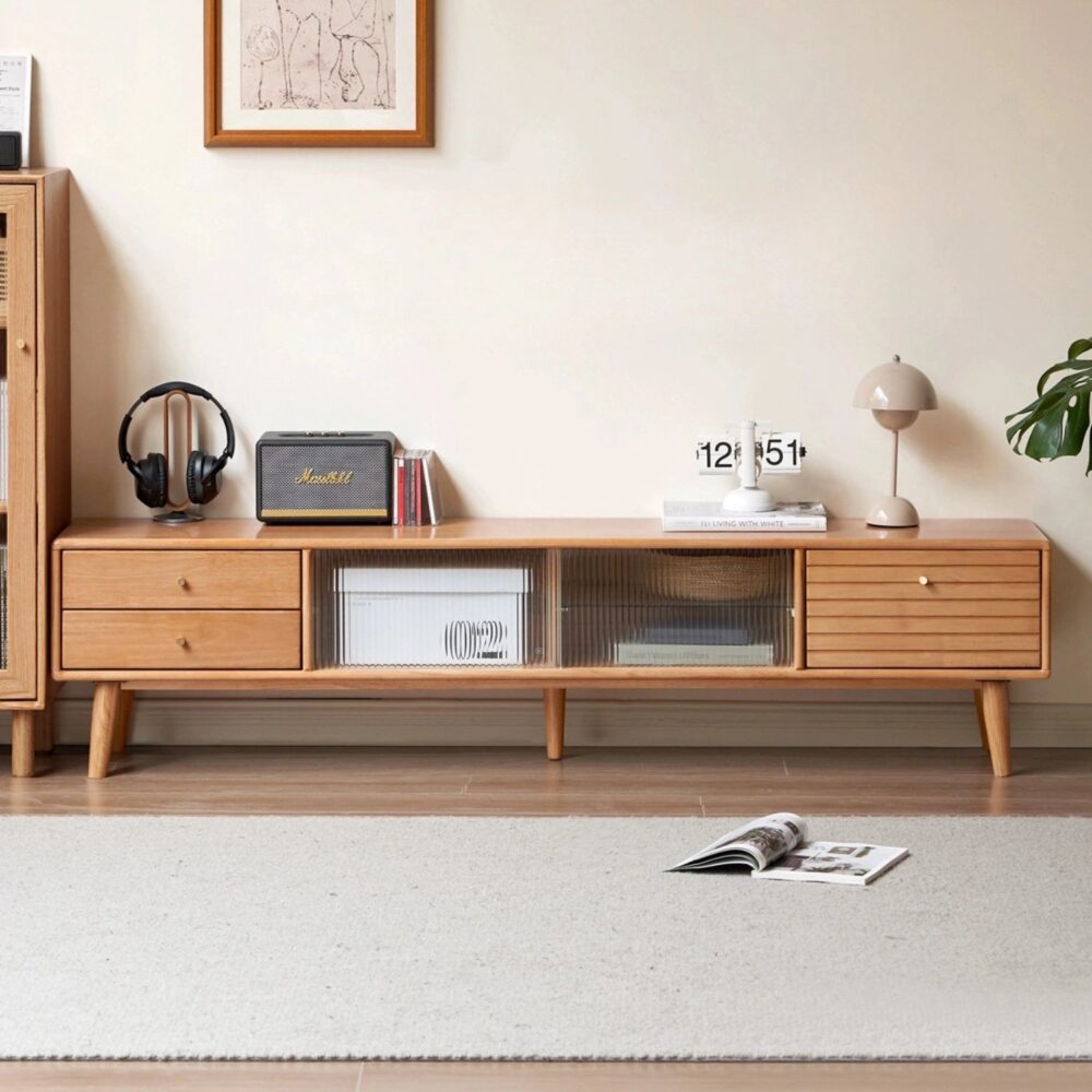 Natural Rectangular Wood TV Stand with 3 Storage Drawers & Glass Doors