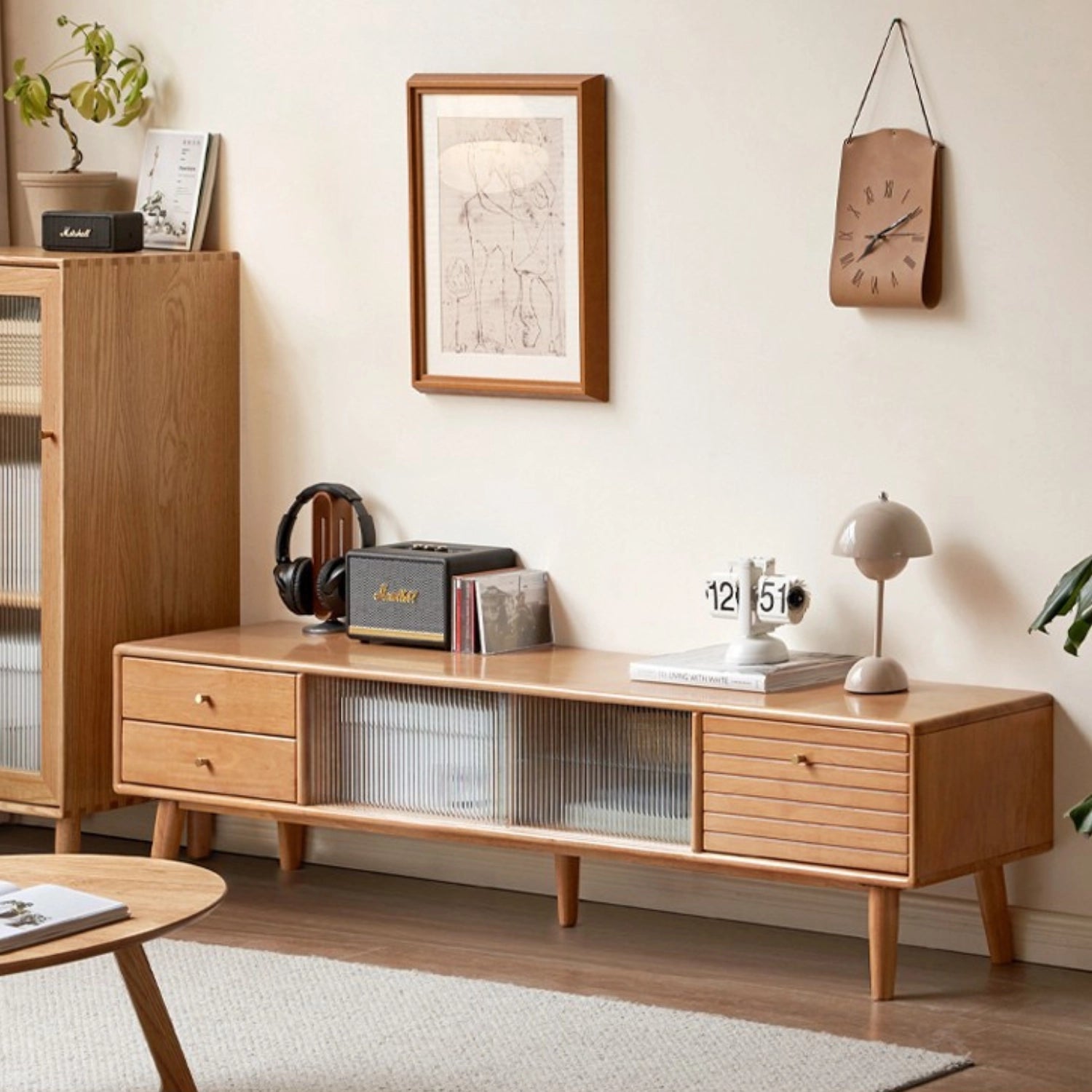 Natural Rectangular Wood TV Stand with 3 Storage Drawers & Glass Doors