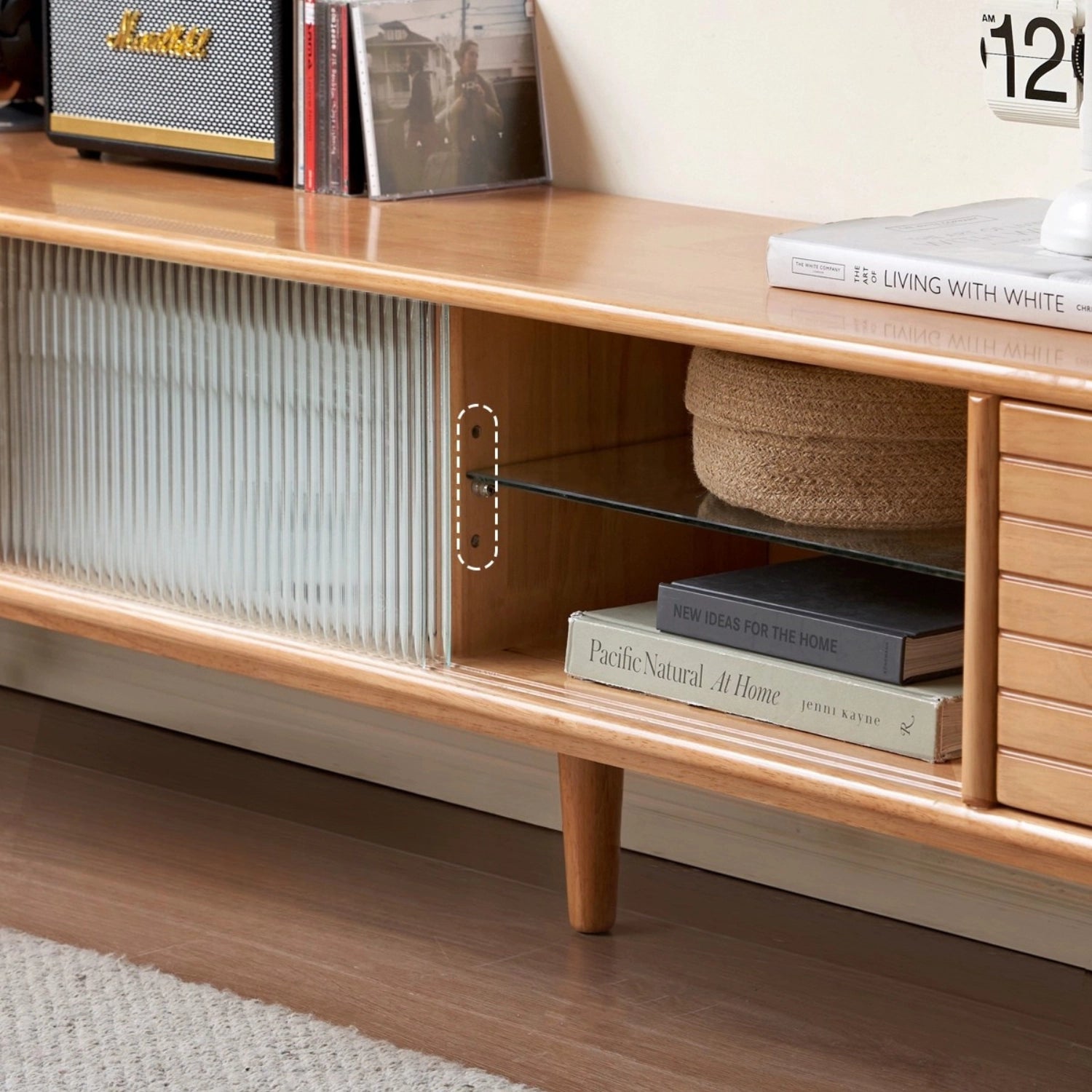 Natural Rectangular Wood TV Stand with 3 Storage Drawers & Glass Doors