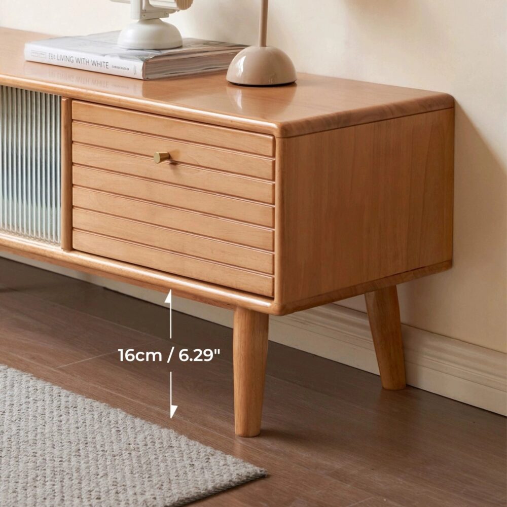 Natural Rectangular Wood TV Stand with 3 Storage Drawers & Glass Doors