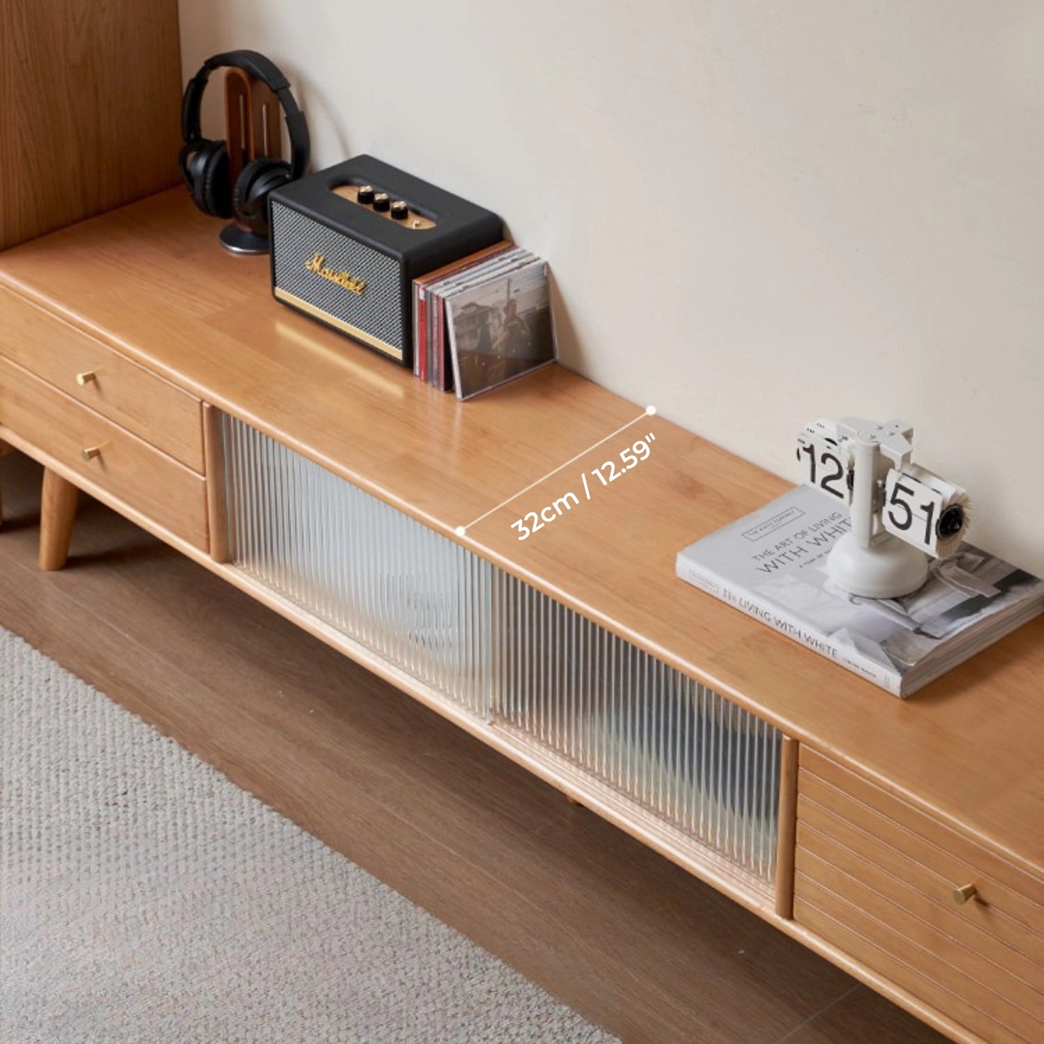 Natural Rectangular Wood TV Stand with 3 Storage Drawers & Glass Doors