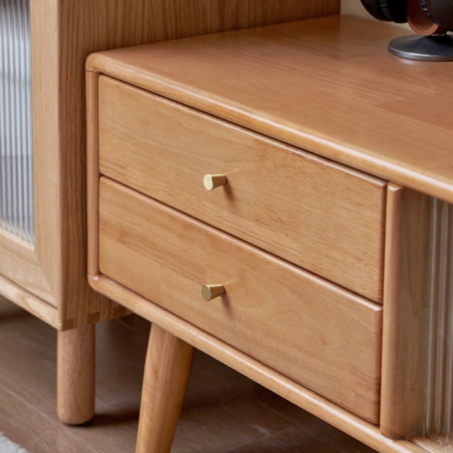 Natural Rectangular Wood TV Stand with 3 Storage Drawers & Glass Doors