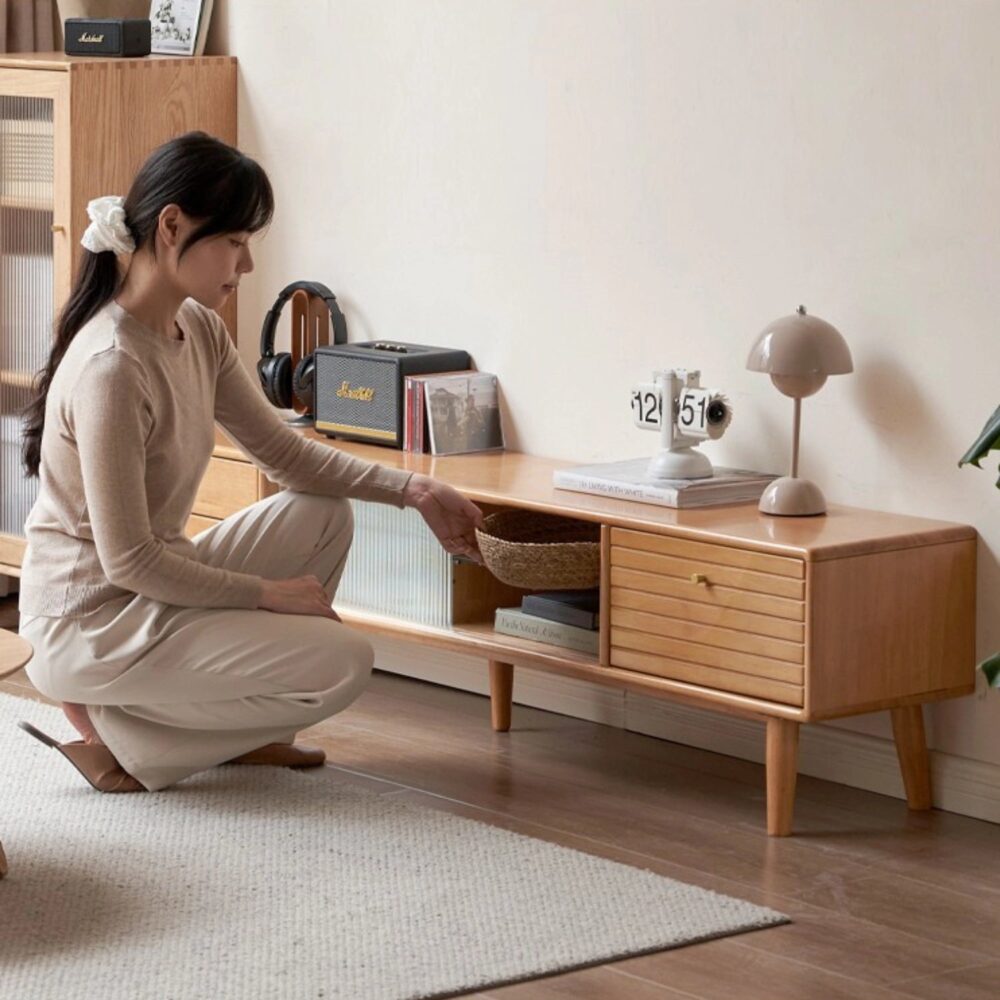 Natural Rectangular Wood TV Stand with 3 Storage Drawers & Glass Doors