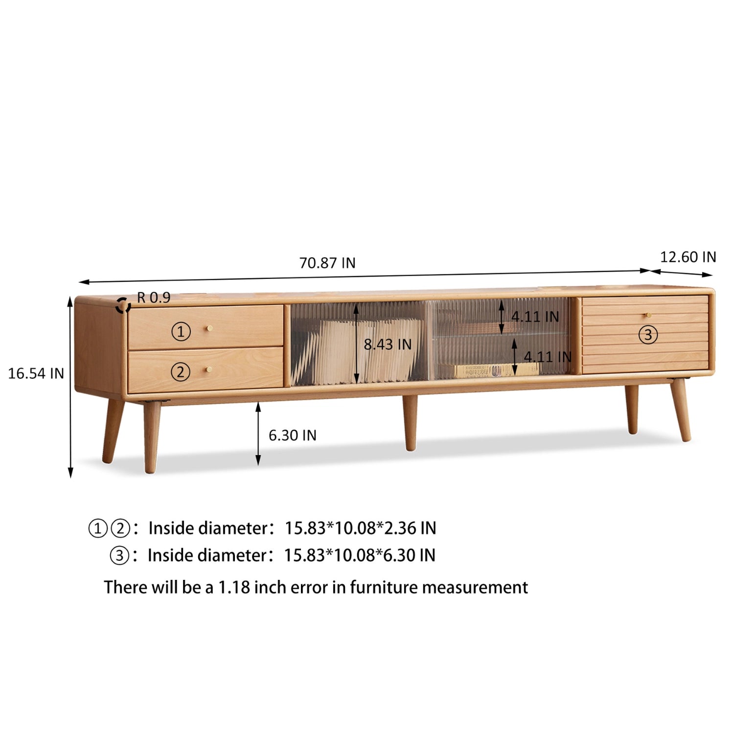 Natural Rectangular Wood TV Stand with 3 Storage Drawers & Glass Doors