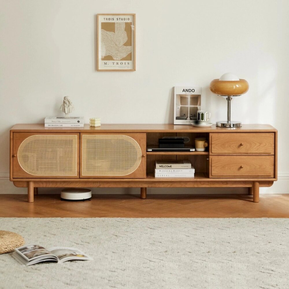 Nordic Rectangular Wood TV Stand with Rattan Slide Doors & Drawers