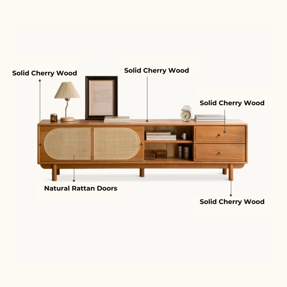 Nordic Rectangular Wood TV Stand with Rattan Slide Doors & Drawers