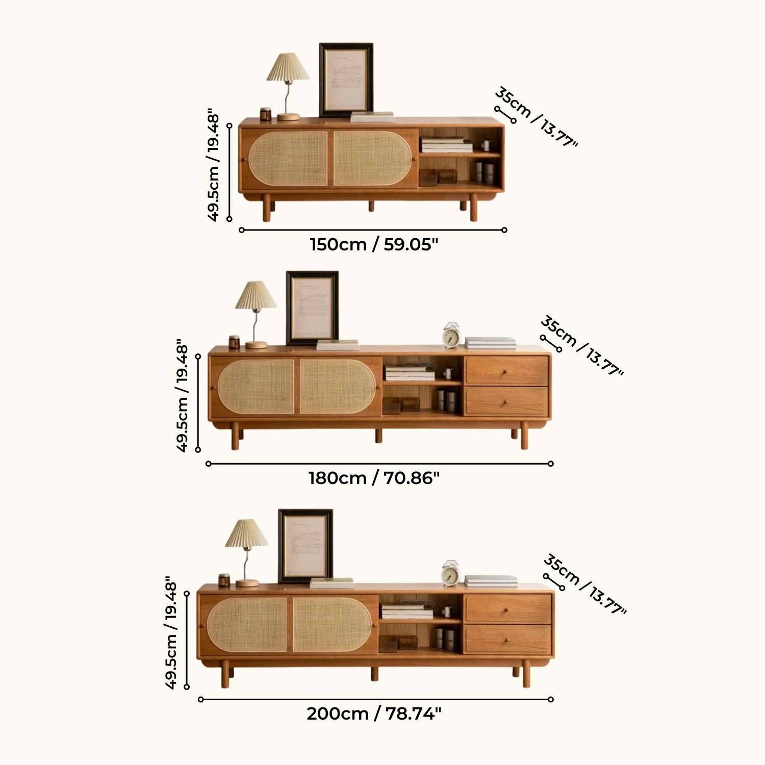Nordic Rectangular Wood TV Stand with Rattan Slide Doors & Drawers