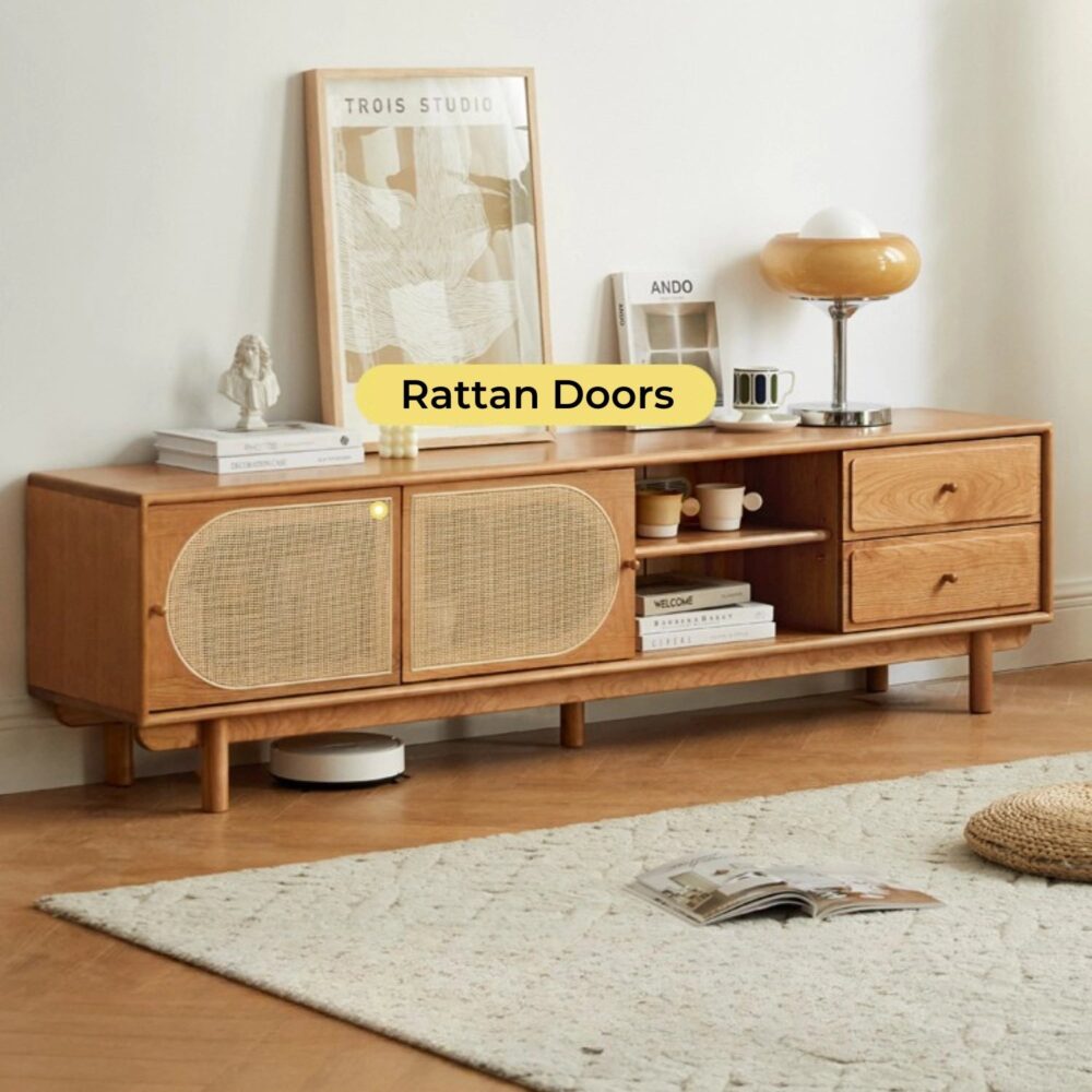 Nordic Rectangular Wood TV Stand with Rattan Slide Doors & Drawers