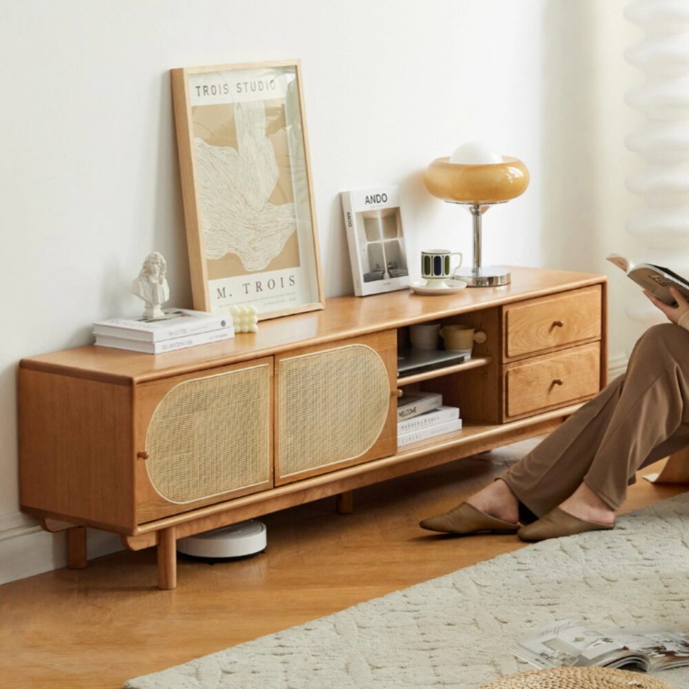 Nordic Rectangular Wood TV Stand with Rattan Slide Doors & Drawers