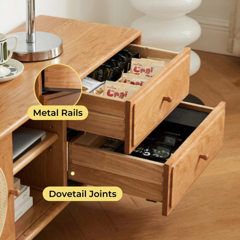 Nordic Rectangular Wood TV Stand with Rattan Slide Doors & Drawers