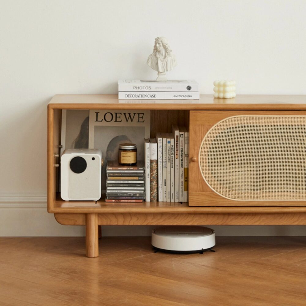 Nordic Rectangular Wood TV Stand with Rattan Slide Doors & Drawers