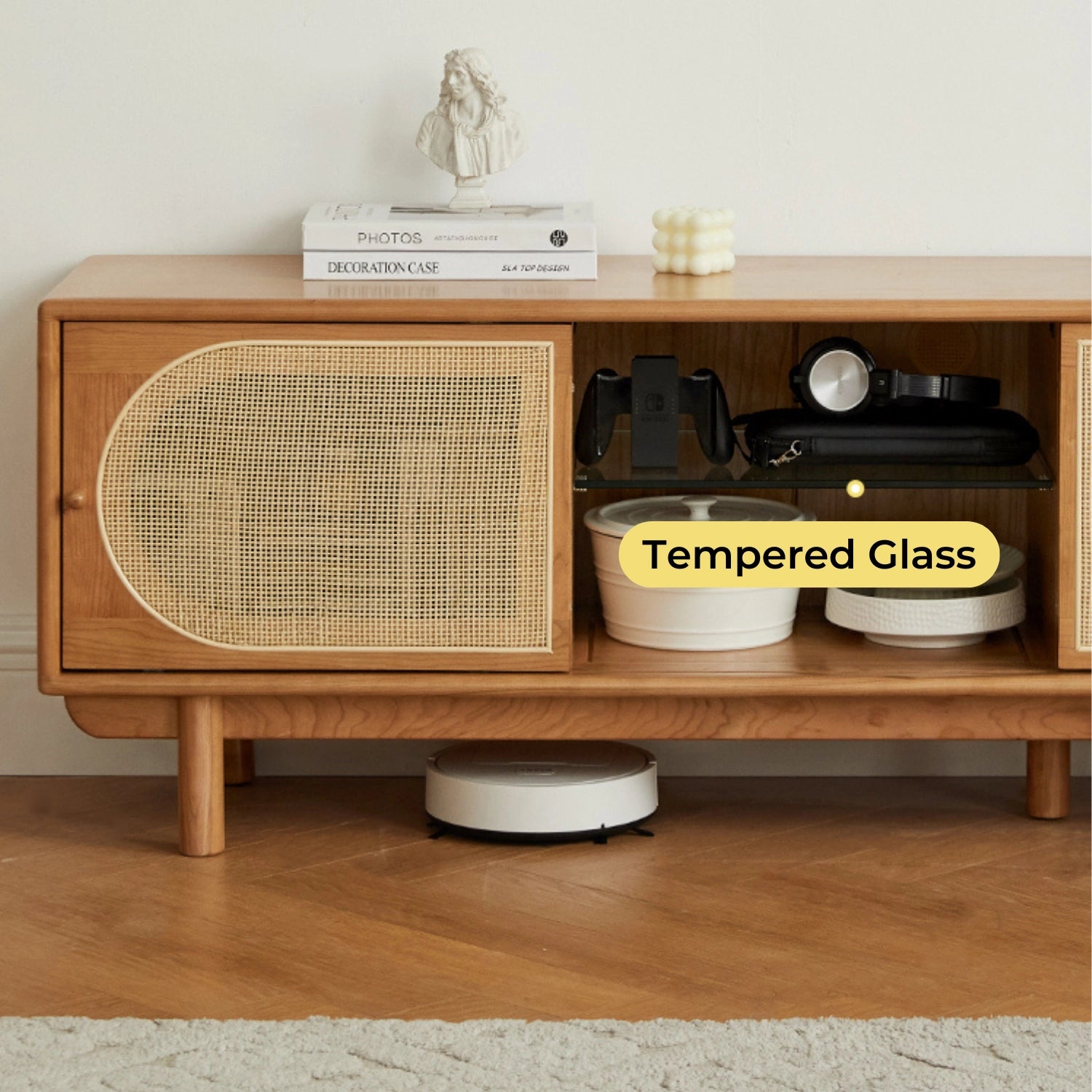 Nordic Rectangular Wood TV Stand with Rattan Slide Doors & Drawers