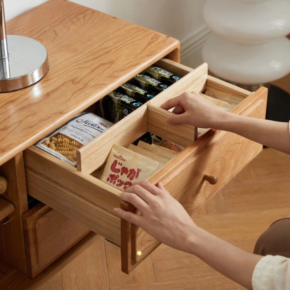 Nordic Rectangular Wood TV Stand with Rattan Slide Doors & Drawers