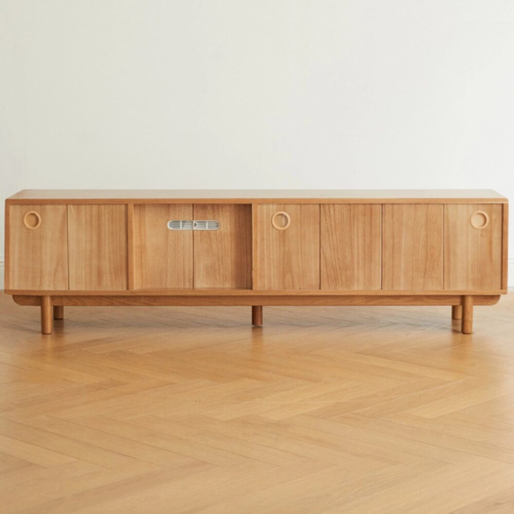 Nordic Rectangular Wood TV Stand with Rattan Slide Doors & Drawers