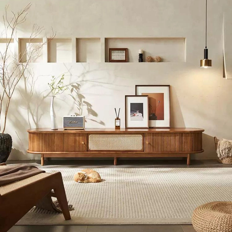 Boho Curved Rattan TV Stand with Drawer. Storage Cabinet & Sliding Doors