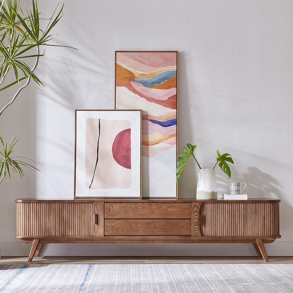 Solid Wood TV Console with Tambour Doors