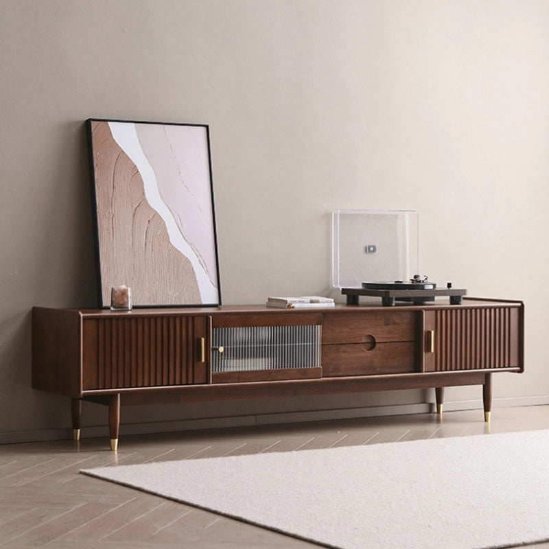 Modern Wood TV Stand with Shelves. Drawers. Striped Sliding Glass & Side Doors in Walnut Color