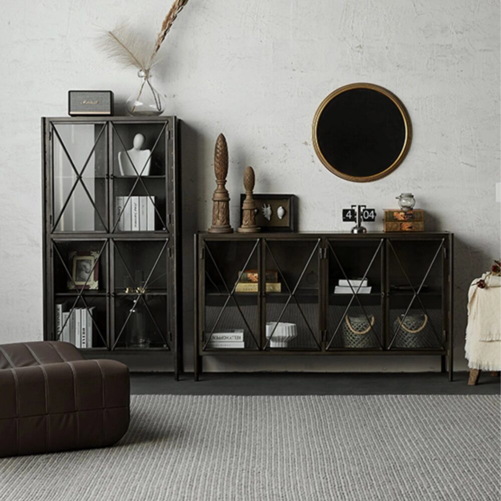 black_metal_sideboard_tall_glass_cabinet_living_space.jpg Industrial black metal