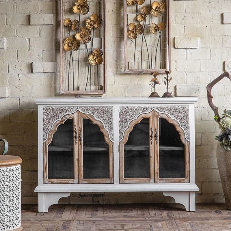 boho_fir_wood_carved_sideboard_glass_doors_styled_rustic_room.jpg Boho carved fir wood