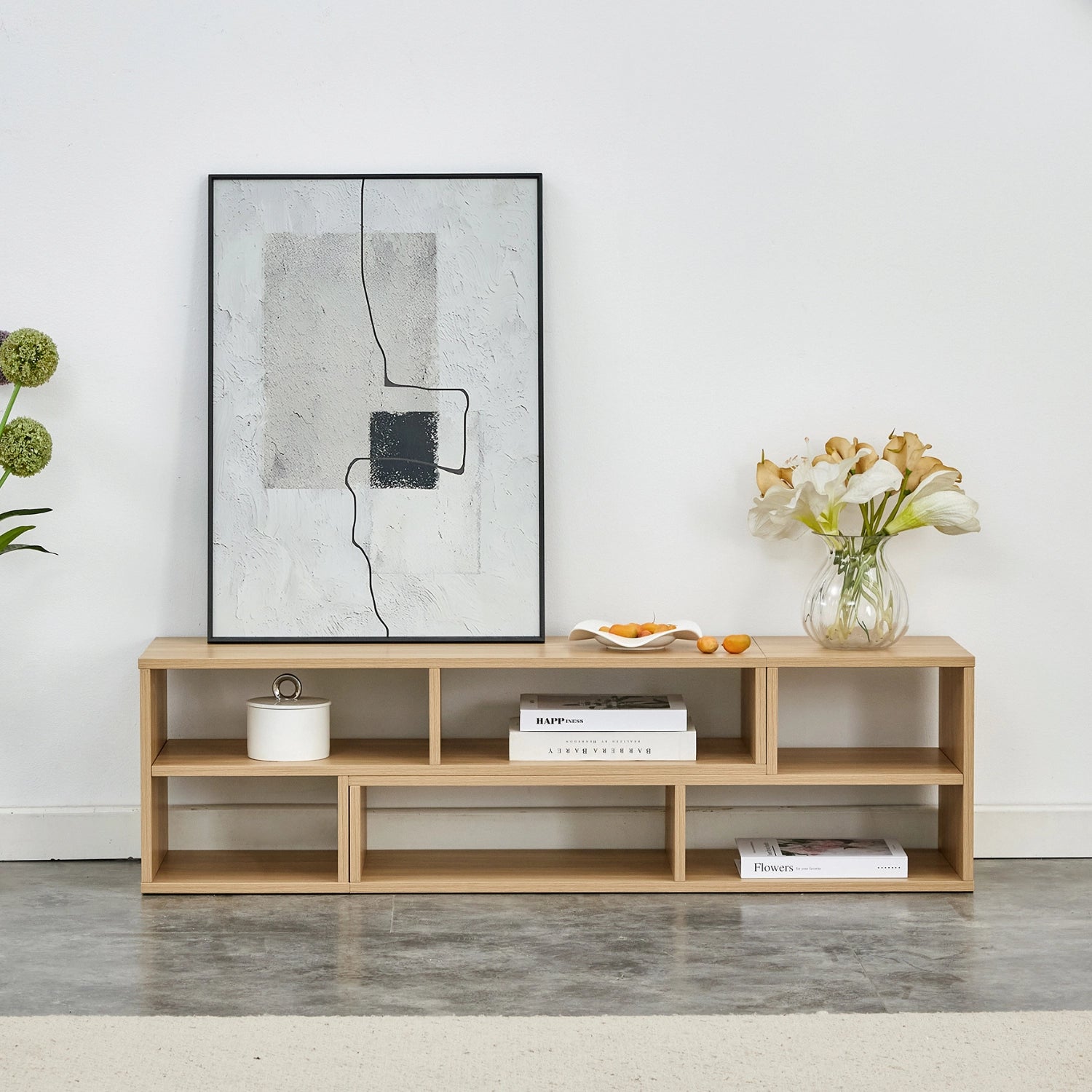 Open Shelf TV Stand in Light Wood – Adjustable 2-Piece L-Shaped Bookcase Console