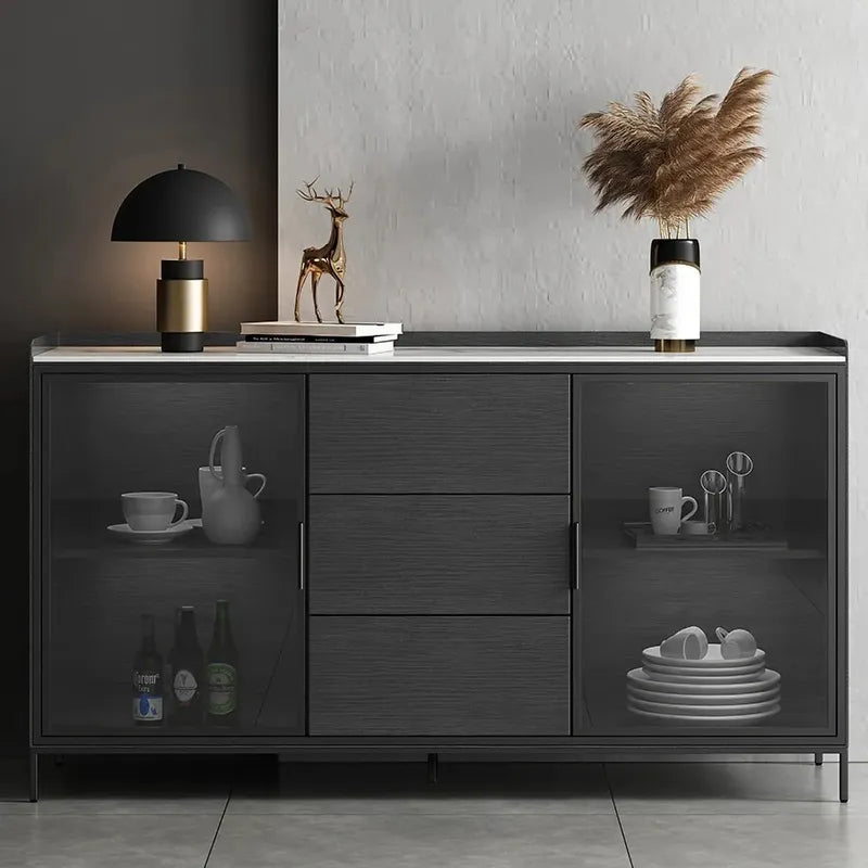 Modern Black Wood Sideboard with Sintered Stone-Top & Glass Doors in Steel Frame