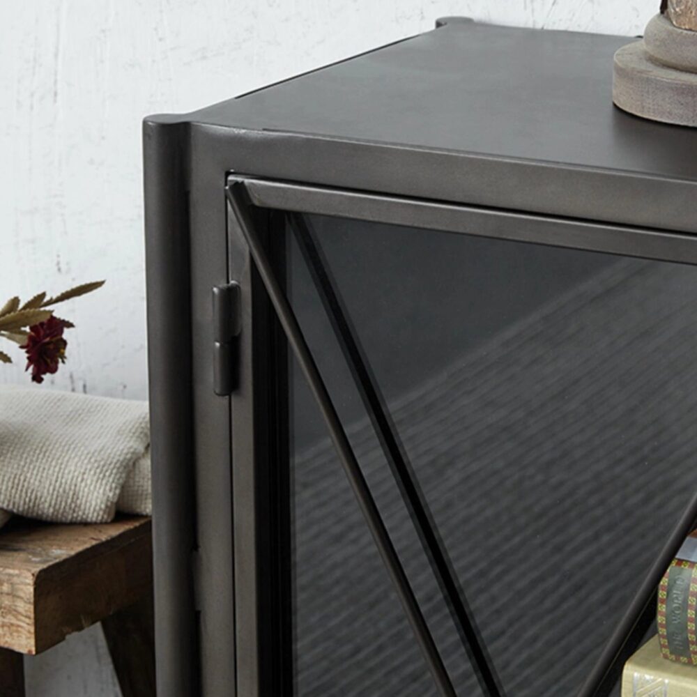 corner_detail_black_metal_cabinet_glass_door.jpg Corner detail of a black
