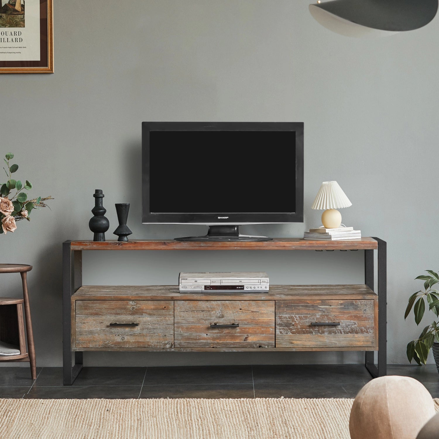 Industrial TV Stand with Reclaimed Wood and Metal Frame – 60 Inch Distressed 3-Drawer Media Console