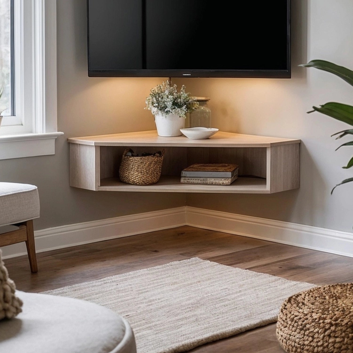 CharmyDecor White Oak Floating Corner TV Stand – Wall-Mounted Space-Saving Media Console