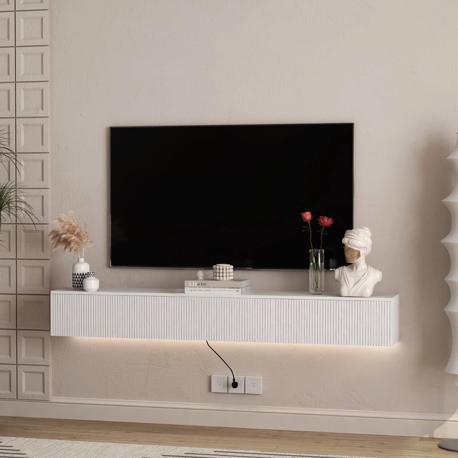69 Inch Floating TV Stand with LED Lighting – Modern Wall-Mounted Console in White for 65 Inch TVs