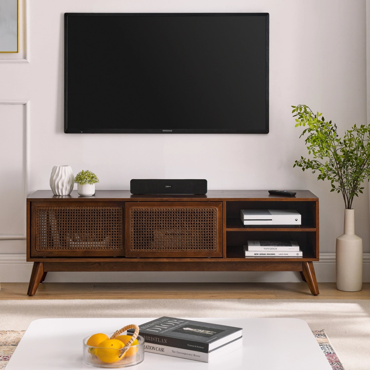 Rattan TV Stand in Walnut Finish – 59 Inches Mid-Century Media Console for TVs up to 55 Inches