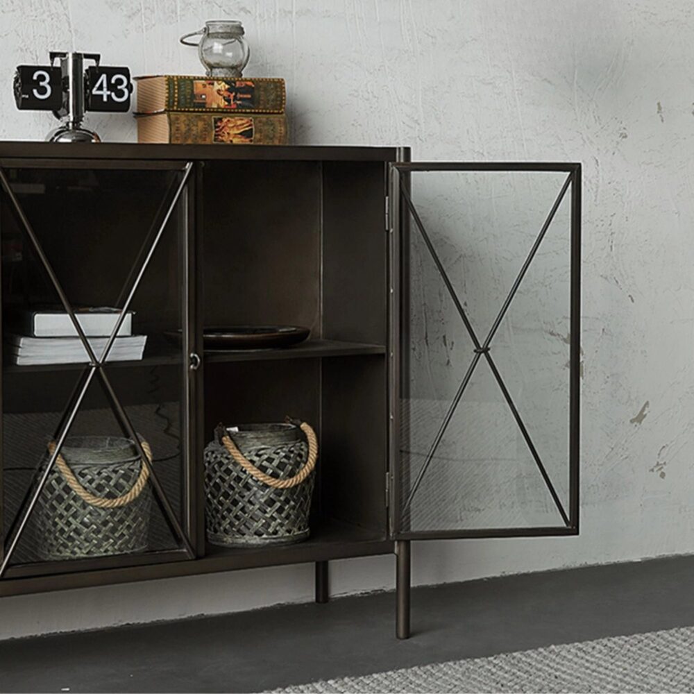 industrial_black_metal_sideboard_open_glass_door.jpg Industrial black metal sideboard with