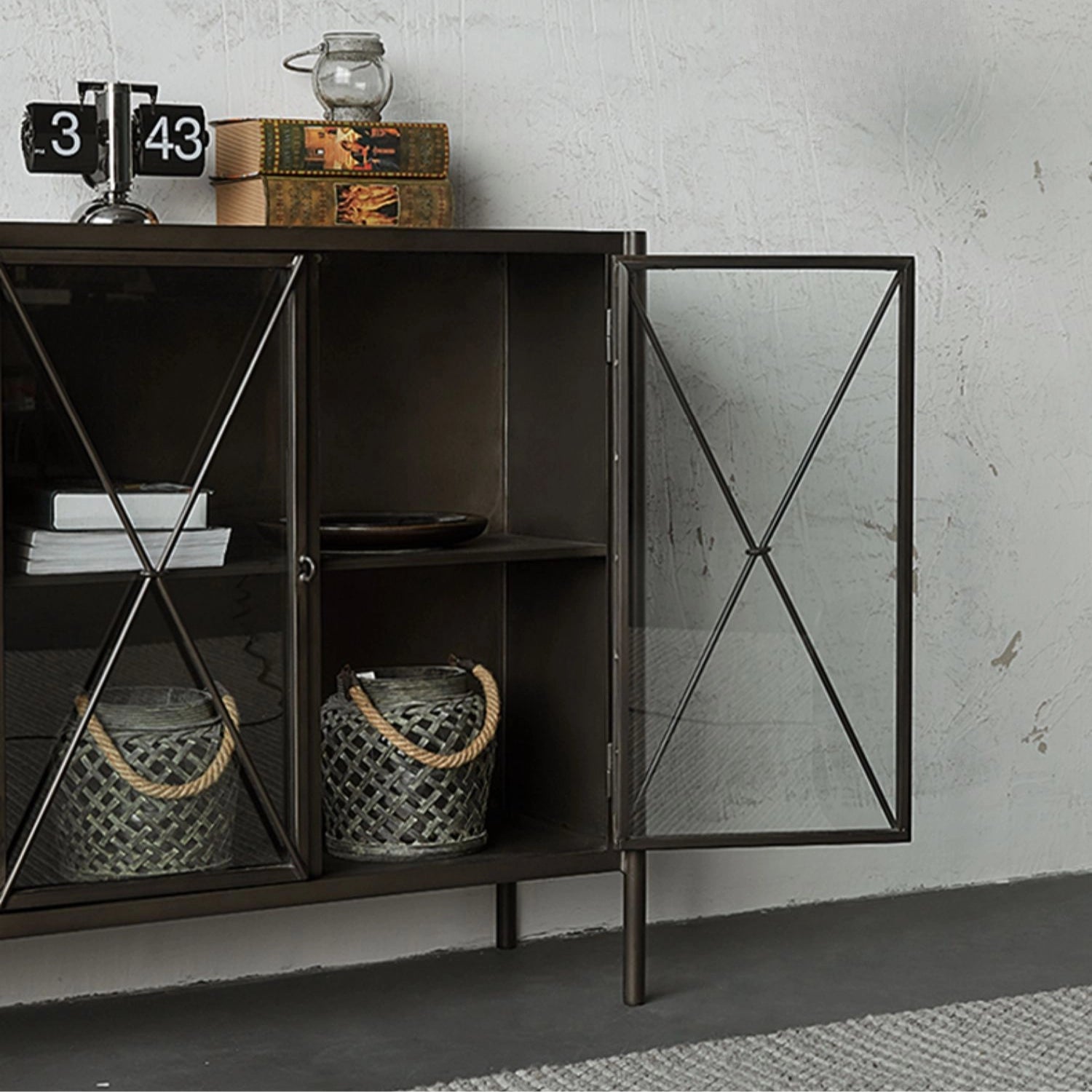 industrial_black_metal_sideboard_open_glass_door.jpg Industrial black metal sideboard with