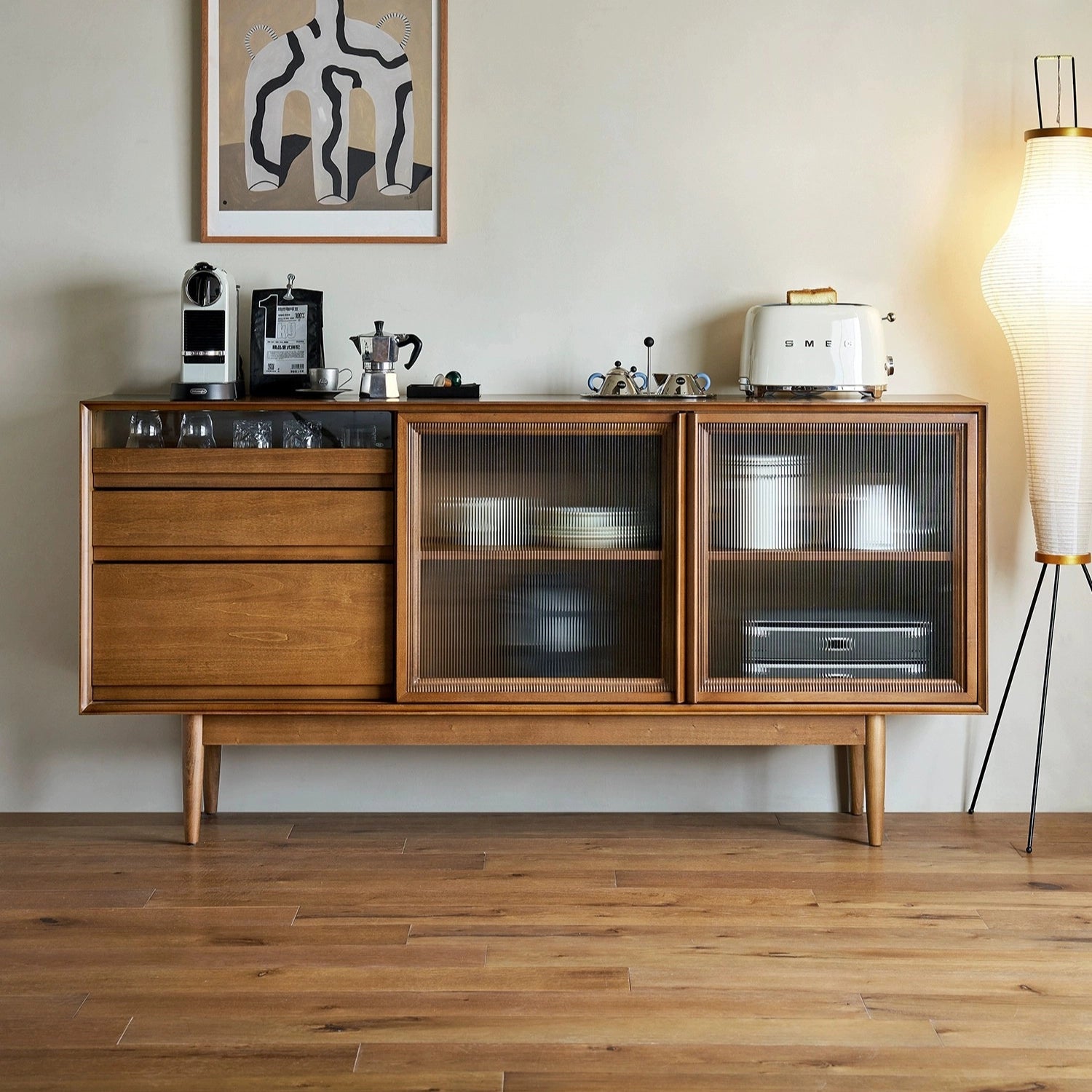 Mid-Century Modern Vintage Brown Solid Boxwood Sideboard Buffet with Fluted Glass Doors – 71 Credenza Storage Cabinet