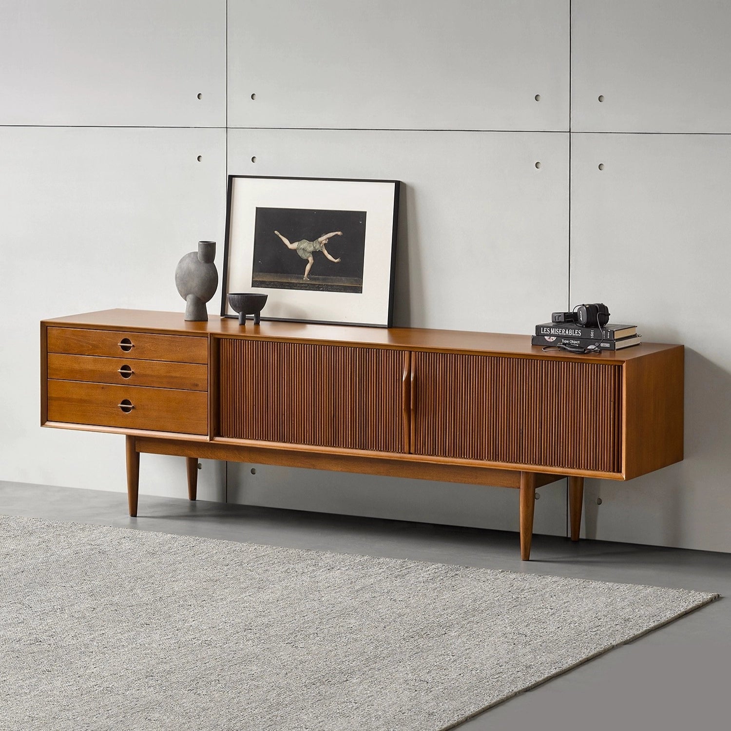 Walnut Brown Mid Century Modern Solid Wood TV Stand with Tambour Doors and Drawers. 78 Media Console