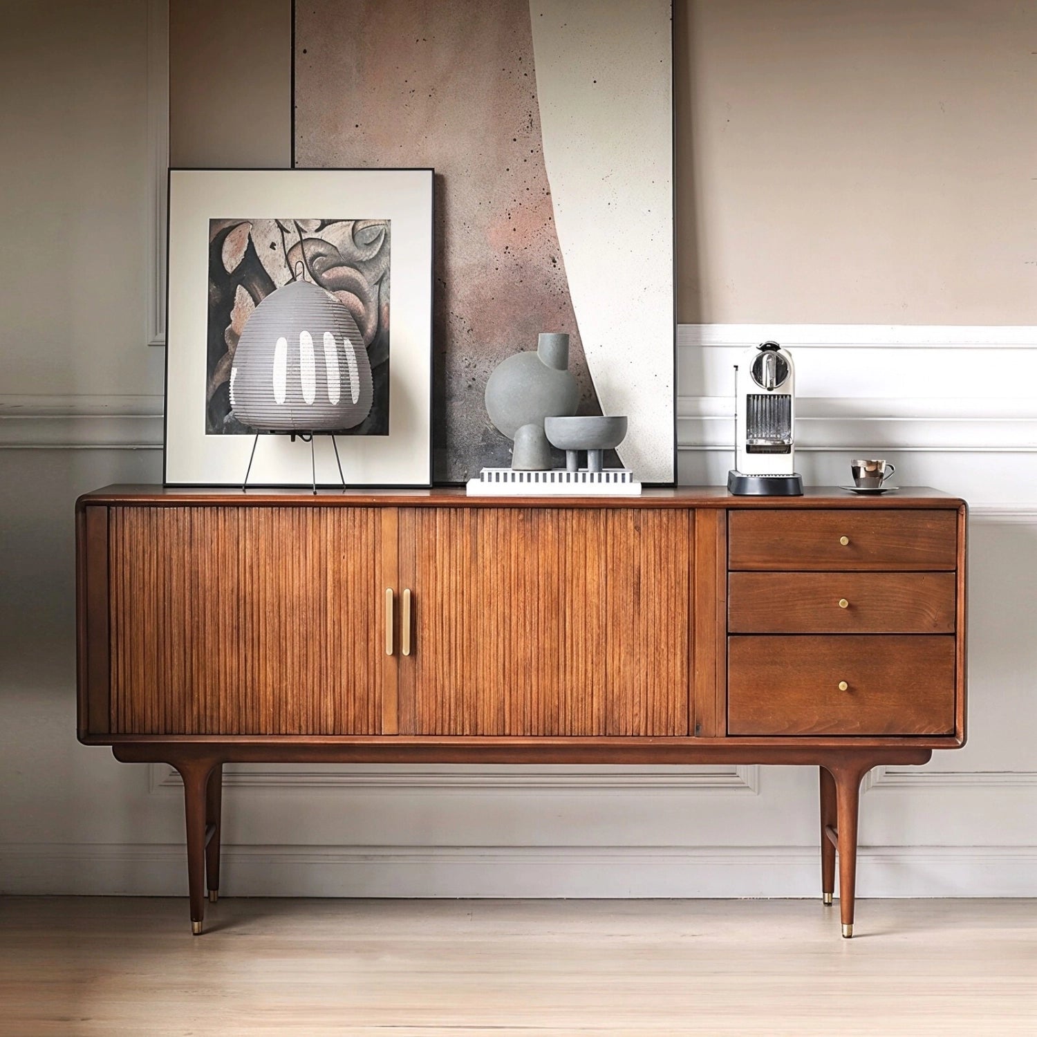 Mid-Century Tambour Sideboard in Solid Boxwood with 3 Drawers – 63 Buffet Cabinet