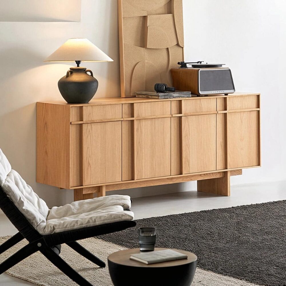 minimalist_oak_buffet_black_ceramic_lamp_artwork_midcentury_cabinet.jpg Modern white oak sideboard buffet