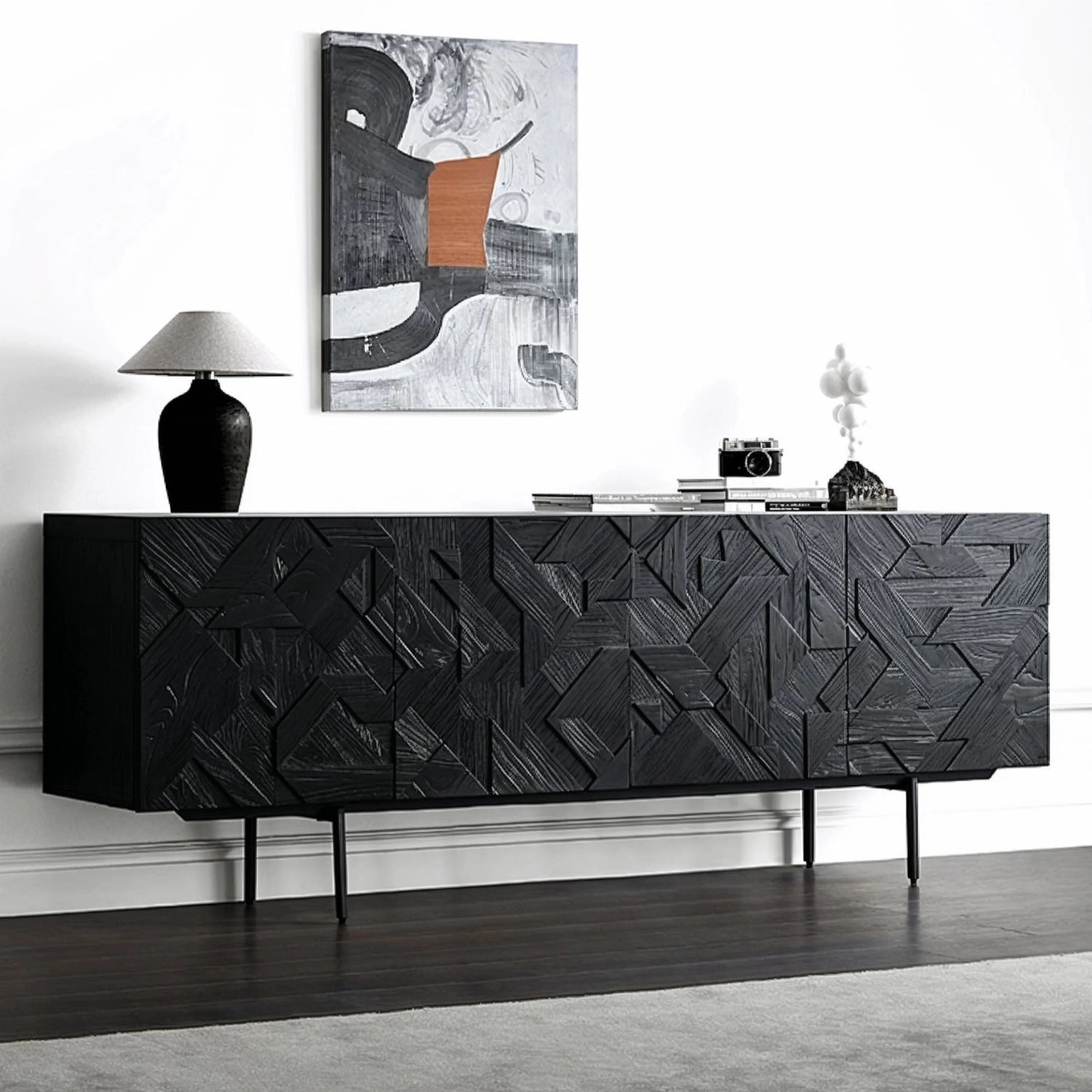 Modern Black Sideboard with Carved Teak Doors – 88 Storage Cabinet with Oak Veneer & Steel Legs