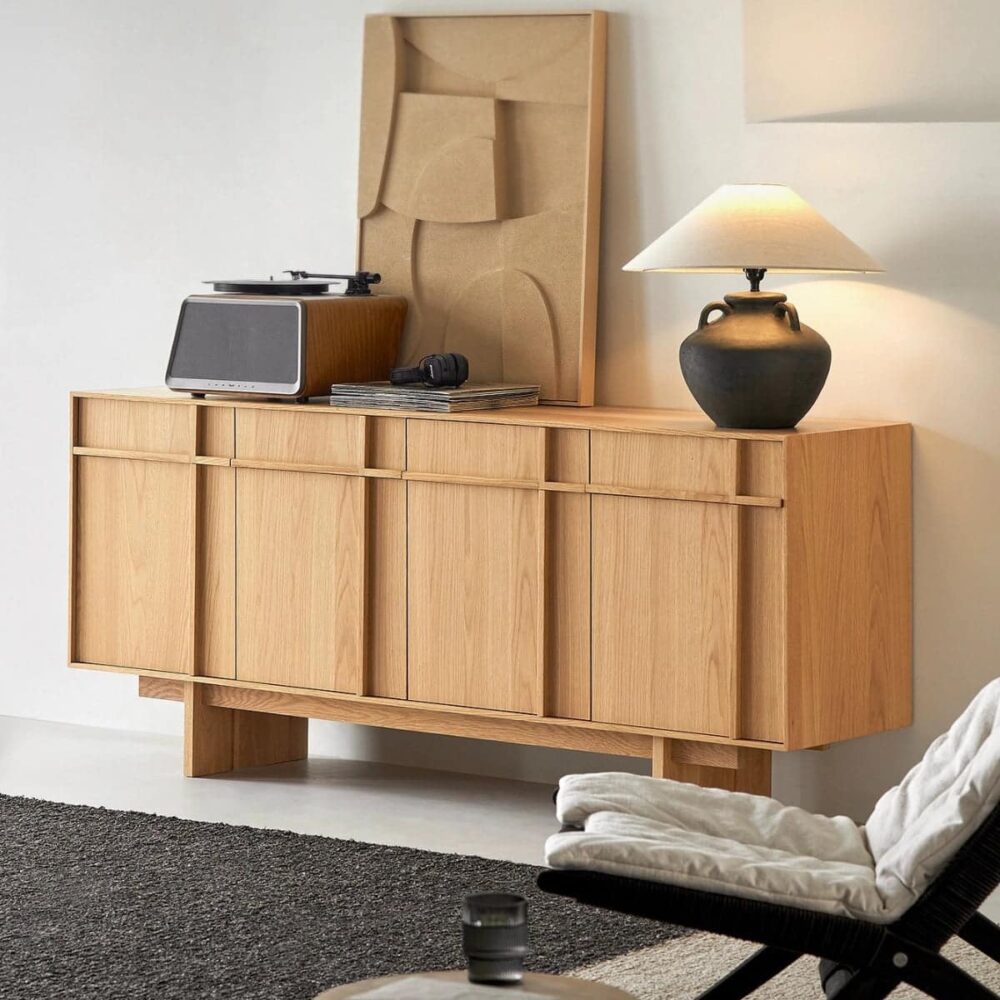 modern_solid_white_oak_sideboard_buffet_black_ceramic_lamp_artwork_71_inch_wooden_cabinet.jpg Modern white