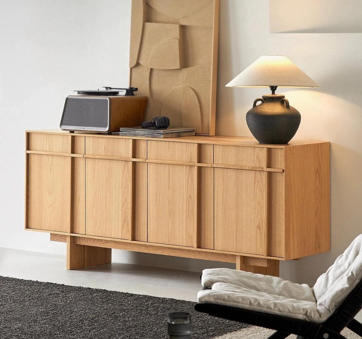 modern_solid_white_oak_sideboard_buffet_black_ceramic_lamp_artwork_71_inch_wooden_cabinet.jpg Modern white