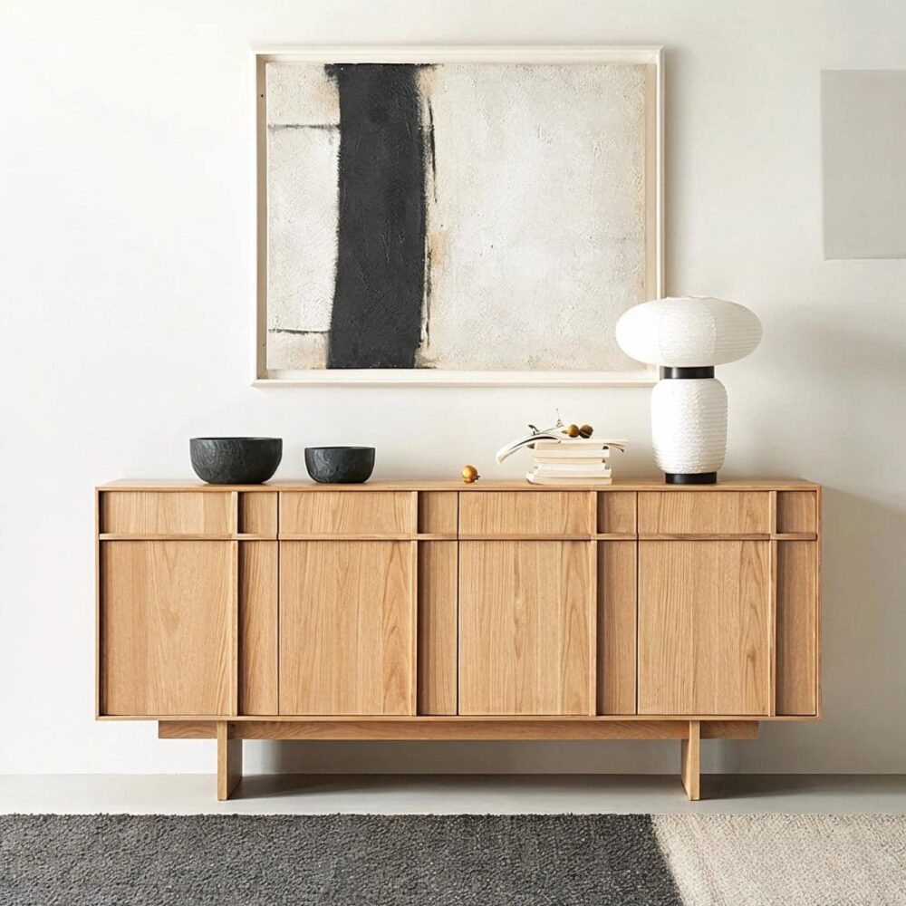natural_oak_sideboard_four_drawers_cabinets_white_lamp_abstract_wall_art.jpg Modern white oak sideboard buffet