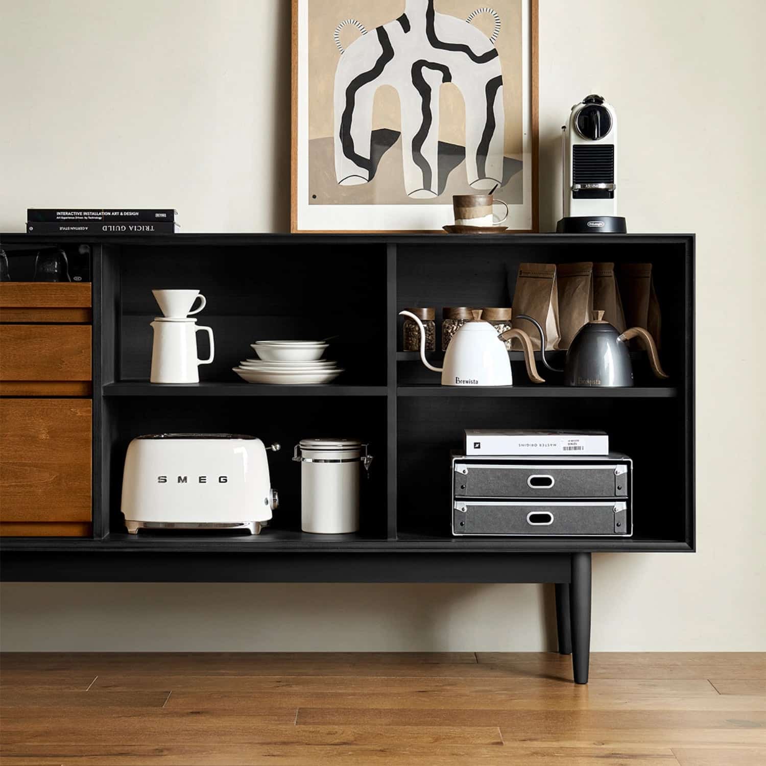 open_storage_shelves_white_dishes_coffee_pot_toaster.jpg Open storage shelves