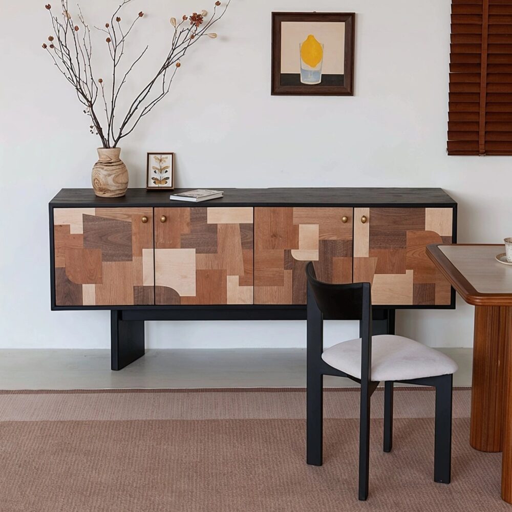 patchwork_wood_sideboard_with_dining_chair_table_modern_storage_cabinet.jpg Modern patchwork wood
