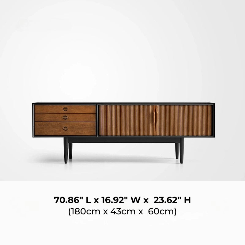 Retro Walnut & Black Frame Mid Century Modern Solid Wood TV Stand with Tambour Doors and Drawers