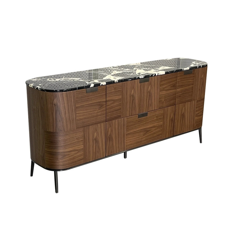 Rounded Walnut Sideboard with Black Marble Top. 71 Buffet Cabinet with Drawers & Storage